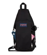 Morral tipo bandolera JanSport, color azul marino, con diseño ergonómico de una sola correa ajustable, compartimento principal con cierre y bolsillo frontal con logo de la marca.