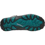 Bota de senderismo Merrell modelo Crosslander 3 Mid Wp, color gris con detalles en negro y turquesa. Confeccionada en gamuza y malla transpirable, cuenta con membrana impermeable, puntera protectora y suela de goma con tracción.
