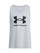 Musculosa deportiva Under Armour de corte clásico, color gris melange con el logo de la marca estampado en negro en el frente.
