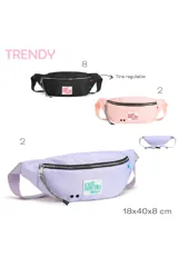 Riñonera negra con estampado frontal con la frase "Keep Moving! Trendy" en letras rosas. Tiene un bolsillo principal con cierre y tira regulable.