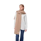 Bufanda de tejido de punto acanalado en color beige, con etiqueta de marca en el extremo inferior.