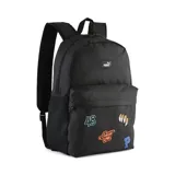 Mochila Puma Phase Patch negra con logo de Puma estampado en blanco y parches decorativos.