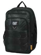 Mochila urbana Caterpillar modelo Bennett, color negro con estampado geométrico sutil. Cuenta con compartimento principal con cierre, bolsillo frontal con cierre, bolsillo lateral de red y logo de la marca en el frente.