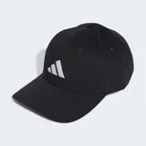 Gorro de béisbol negro de sarga de algodón, con visera curva y cierre ajustable en la nuca. Presenta el logotipo de las tres barras de Adidas bordado en blanco en el panel frontal.