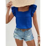 Blusa de color amarillo con textura fruncida, cuello cuadrado y mangas cortas con volados.