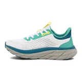 Championes deportivos Diadora modelo Proton para mujer, color blanco con detalles en turquesa, amarillo neón y azul oscuro. Presentan una suela gruesa y texturizada en tonos gris y azul.