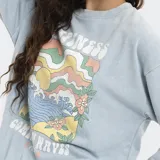 Buzo de algodón con cuello redondo y diseño holgado, con efecto lavado y estampa frontal colorida con motivos de playa y olas.