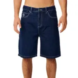 Bermuda de denim azul oscuro, de corte recto y largo por la rodilla, con costuras en contraste y bordado decorativo en el bolsillo delantero.