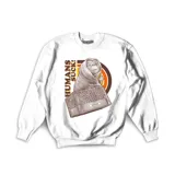 Buzo de cuello redondo color blanco con estampa frontal de ET en una caja con el texto Humans Suck. Diseño de estilo retro con detalles en naranja y marrón.