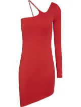 Vestido corto ajustado Tommy Jeans color rojo, con diseño asimétrico de un solo hombro y una manga larga. Presenta un tirante con el logo de la marca y un corte ajustado al cuerpo.