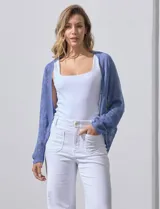 Cárdigan tejido calado color celeste, marca Joseph A, de manga larga y corte holgado.