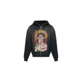 Campera con capucha Allsaints modelo Roque Graphic Zip Hoodie, color negro con efecto gastado, cierre frontal completo y un gran estampado gráfico en el pecho con temática rockera y detalles florales.