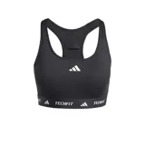 Top deportivo Adidas Techfit negro con logo blanco en el centro y banda elástica inferior con la inscripción "Techfit" y logo de Adidas en blanco.