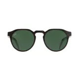 Lentes de sol Indie modelo Ozzy, con montura redonda de madera color ébano y lentes polarizadas verdes.