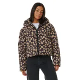 Campera puffer corta con capucha, color negro con estampado de flores color beige.