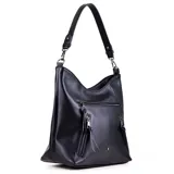 Cartera negra tipo hobo de cuero sintético con cierre superior y correa de hombro ajustable. Tiene un bolsillo frontal con cierre y dos bolsillos laterales con cierre y detalle de borlas.