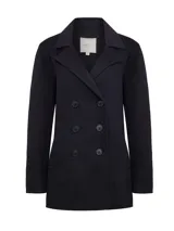 Chaqueta tipo abrigo cruzado de color negro, con solapas amplias, doble abotonadura frontal y bolsillos laterales. Confeccionada en una mezcla de lana y cashmere, presenta una silueta estructurada y elegante.
