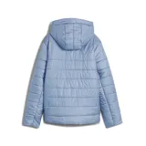 Campera acolchada con capucha, color celeste, con cierre frontal completo y logo de la marca estampado en el pecho. Cuenta con bolsillos laterales y diseño de costuras horizontales.