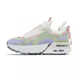Championes Nike Air Max Furiosa de diseño audaz y moderno. Presentan una combinación de colores pastel que incluye blanco, verde menta, lila y detalles en rosado. Cuentan con una suela de plataforma dividida con unidades Air Max visibles, cordones decorativos con un lazo en el talón y una estética urbana y vanguardista.