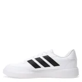 Championes urbanos Adidas modelo Courtblock, color blanco con las icónicas tres tiras laterales en negro. Presentan un diseño de corte bajo con cierre de cordones, puntera perforada para mayor ventilación y suela de goma resistente.