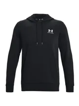 Buzo Under Armour Essential Fleece Hoodie para hombre, color negro con logo blanco estampado en el pecho. Confeccionado en tejido polar suave y cómodo, con capucha y cordón ajustable. Ideal para entrenar o para uso diario.