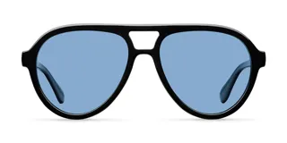 Lentes de sol estilo aviador con montura de acetato negro y doble puente. Presentan lentes polarizadas en color azul con protección UV400.