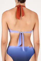 Top de bikini halter con diseño en efecto degradado, tirantes anchos anudados, argolla decorativa circular al centro y fruncido frontal.