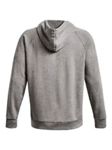 Buzo Under Armour gris melange con capucha y cordones ajustables, logo estampado en el pecho y bolsillo tipo canguro.