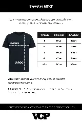 Sweater de punto grueso color negro con efecto gastado, cuello redondo, mangas largas y detalles de roturas en puños y ruedo. Presenta un diseño con letras bordadas al tono en el frente.