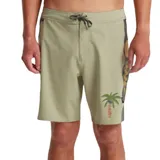 Short de baño color verde con estampado de palmera y diseño abstracto en el lateral.