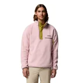 Polar Columbia Helvetia Half Snap de color rosado con detalles en verde oliva y ribetes grises. Cuenta con cuello alto, cierre frontal parcial con botones a presión y un bolsillo con cierre en el pecho.