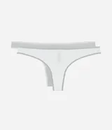 Kit de dos bombachas tipo hilo, una blanca y una gris, ambas con ribetes (biés) contrastantes en gris. Confeccionadas en algodón certificado BCI.