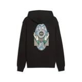 Buzo con capucha Puma, color negro, con bolsillo tipo canguro y estampado circular en el pecho que combina el logo de la marca con un diseño de rayos en color turquesa.