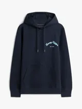 Buzo con capucha y cordones ajustable Tommy Hilfiger, color azul marino, confeccionado en felpa de algodón. Cuenta con bolsillo tipo canguro y logo gráfico bordado en el pecho en tonos celestes.