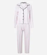 Conjunto de pijama largo de viscosa estampada a rayas verticales, compuesto por una camisa de manga larga con cuello solapa y abotonado delantero, y un pantalón con cintura elástica.