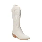 Bota estilo tejano de caña alta, color beige, con bordados decorativos en la caña y en la puntera. Presenta un taco cuadrado de altura media y terminación en punta.