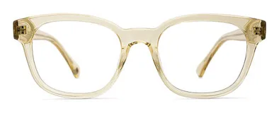 Armazón de acetato color arena, de forma rectangular con bordes redondeados y patillas con núcleo de metal plateado.