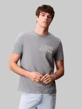 Remera de algodón de corte regular con cuello redondo y mangas cortas. Presenta un diseño gráfico con el logo de la marca apilado en el pecho.
