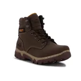 Bota acordonada de cuero sintético color marrón, con suela de goma y detalles de costuras.