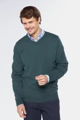 Buzo tejido de algodón con cuello en V, de diseño clásico y liviano, ideal para media estación.