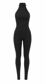 Catsuit largo de color negro, con cuello alto y diseño sin mangas, ajustado al cuerpo.