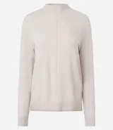 Suéter de punto con cuello alto, mangas largas y detalle de costura vertical en el centro del frente. Presenta un diseño minimalista y elegante con acabado acanalado en cuello, puños y ruedo.