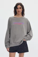 Buzo de felpa gris con efecto lavado, cuello redondo, mangas largas y corte relajado. Cuenta con una estampa central con la inscripción "PASTICHE" en tonos violeta y rosado.