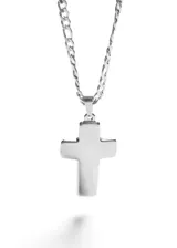 Collar compuesto por una cadena de eslabones tipo 3x1 y un dije de cruz de diseño bombé, fabricado en acero quirúrgico.