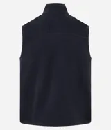 Chaleco deportivo gris oscuro con cuello alto y cierre frontal con cremallera. Presenta recortes en tejido liso en la parte superior del pecho y en los bolsillos laterales.