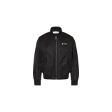 Campera bomber negra Off-White, con cierre frontal, bolsillos laterales con solapa y detalles de rib elástico en cuello, puños y dobladillo. Presenta un pequeño logo bordado en contraste en el pecho.