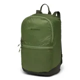 Mochila Columbia de diseño liviano y plegable, color verde militar. Cuenta con un compartimento principal con cierre, un bolsillo frontal para accesorios de acceso rápido, asa superior de agarre y correas de hombro ajustables.