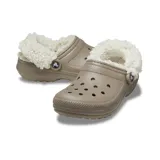 Zuecos Crocs Classic con forro interior de piel sintética tipo sherpa, color gris claro. Presentan el diseño icónico de la marca con perforaciones en la parte superior y correa pivotante en el talón para mayor sujeción.