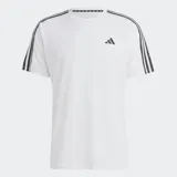 Remera deportiva Adidas de manga corta y cuello redondo, color blanco, con tres franjas negras en los hombros y logo de la marca en el pecho.