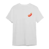 Remera de manga corta color gris oscuro, con cuello redondo y un pequeño estampado de un pancho (hot dog) en el pecho.